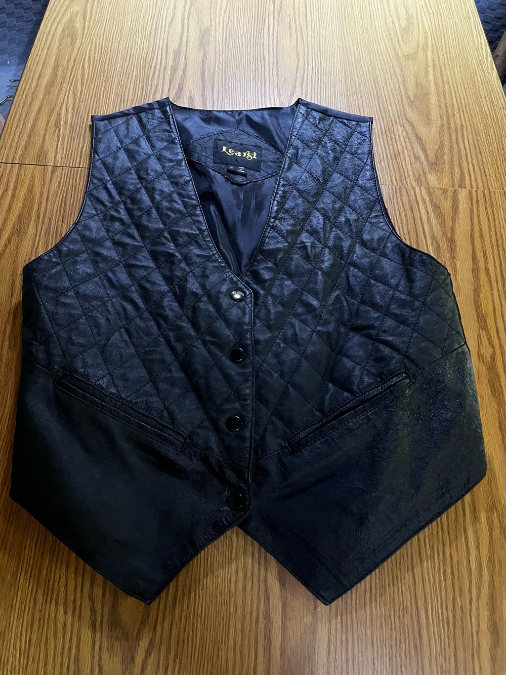 Learsi Quilted Black Leather Snap Vest Size Medium